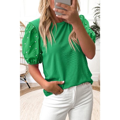 Ribbed Pearl Beaded Puff Sleeve Top