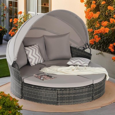 5 Pieces Outdoor Patio Rattan Round Daybed Sunbed with Retractable Canopy and Removable Cushions