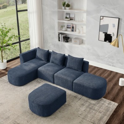 L-Shaped Sectional Sofa-2 Single Seats, Left Chaise & 2 Ottomans, Navy Loop Yarn Fabric
