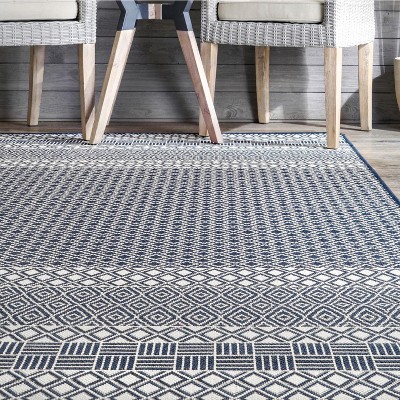 Blue Striped Synthetic Reversible Indoor/Outdoor Rug, 5x8