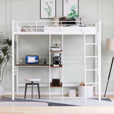 CAVINAS Twin Size Loft Bed with Ladder & Storage Shelves & Built-in Desk,Metal Bunk Bed Frame for Bedroom