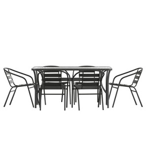 Flash Furniture Lila 7 Piece Commercial Outdoor Patio Dining Set with 60" Tempered Glass Patio Table with Umbrella Hole and 6 Black Triple Slat Chairs - 1 of 4