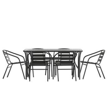 Flash Furniture Lila 7 Piece Commercial Outdoor Patio Dining Set with 60" Tempered Glass Patio Table with Umbrella Hole and 6 Black Triple Slat Chairs