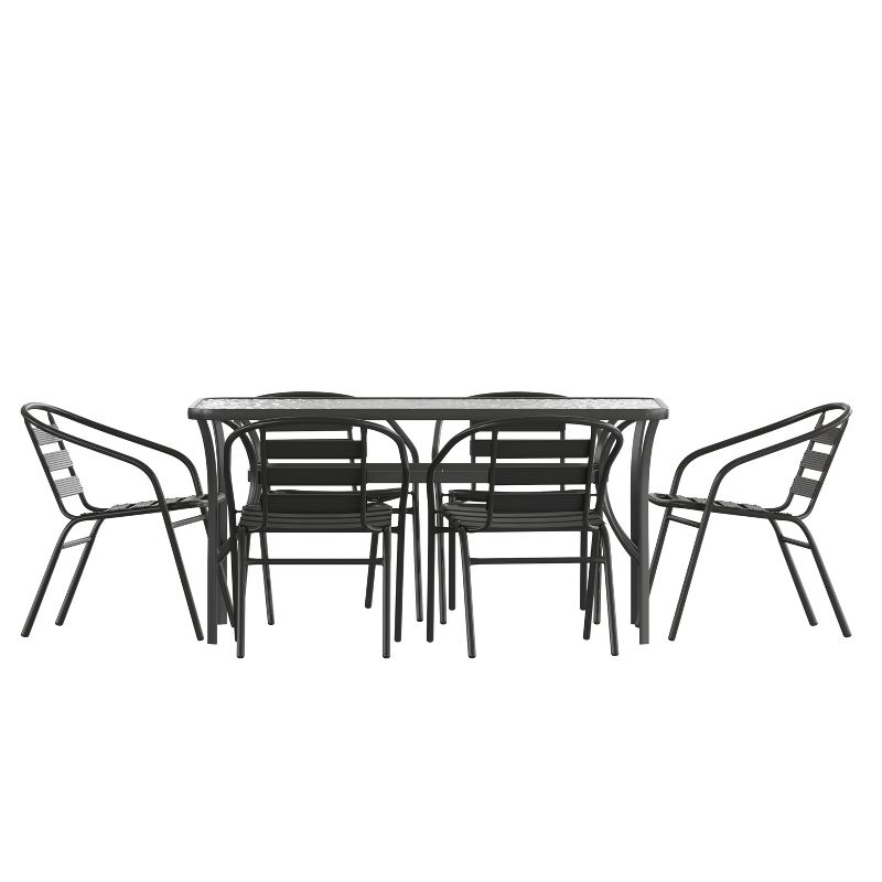 Flash Furniture Lila 7 Piece Commercial Outdoor Patio Dining Set with 60" Tempered Glass Patio Table with Umbrella Hole and 6 Black Triple Slat Chairs, 1 of 10
