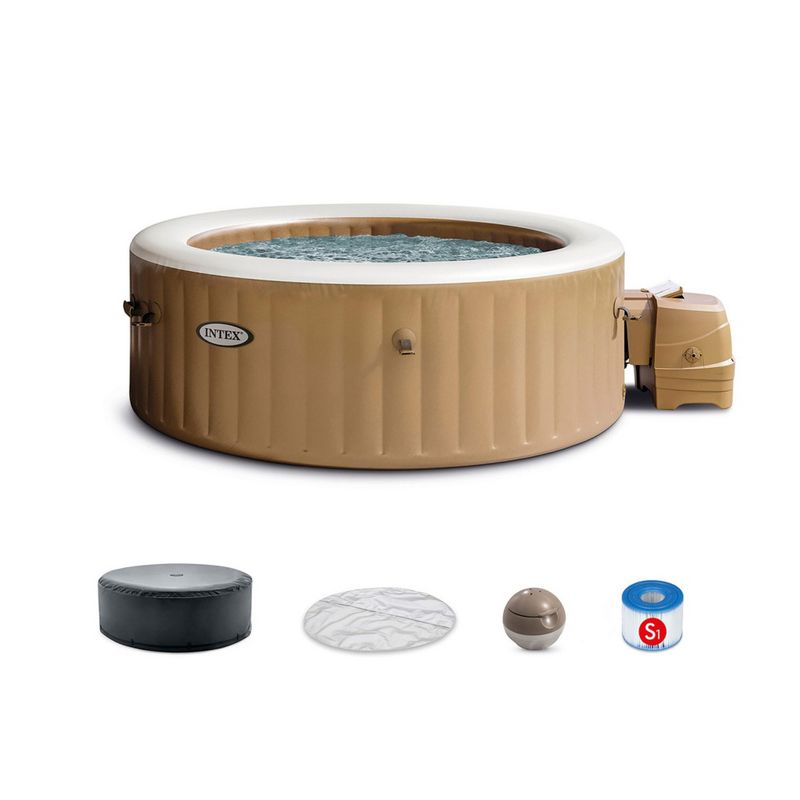Intex PureSpa 4 Person Round Bubble Massage Inflatable Hot Tub Spa Set, with 120 Jets, Push Button Control Panel, and Spa Cover, Sahara Tan, 1 of 8