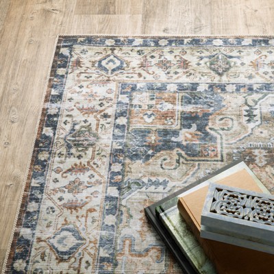 Charleston Blue and Gold Synthetic Washable Area Rug 3'6" x 5'6"