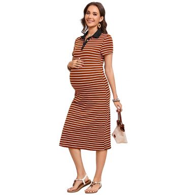 Maternity Dress Summer Collared V Neck Short Sleeve Striped Knit Button Side Slit Bodycon photoshoot Midi Dress Brown 2XL