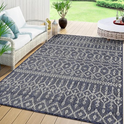 Acekool Outdoor Flatweave Rug, Easy-Clean, Stain-Resistant, Indoor/Outdoor Area Carpet, Boho Geometric, Blue Gray Black, Multiple Sizes