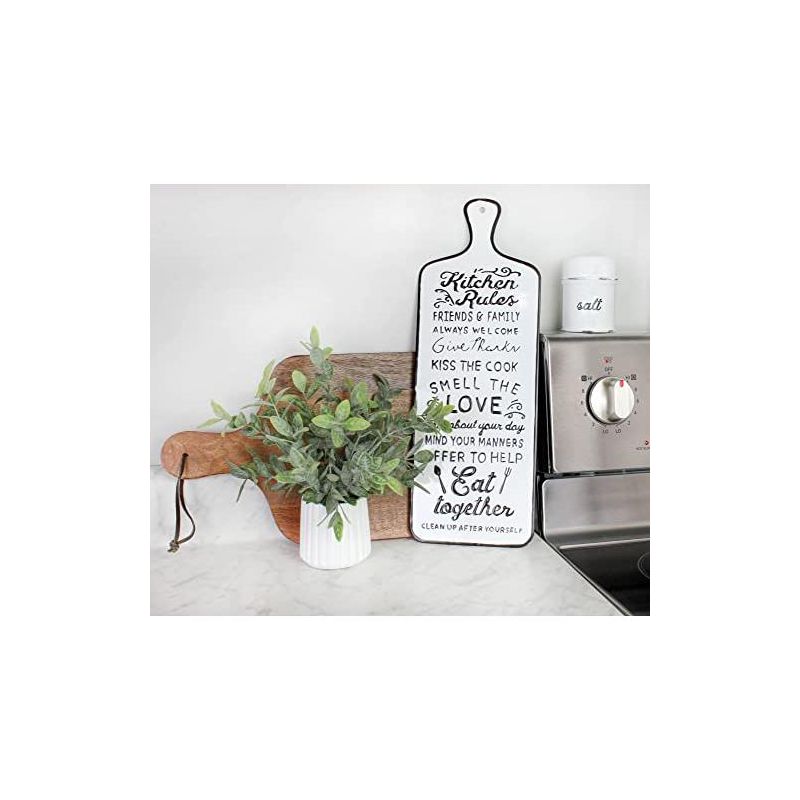 AuldHome Design White Kitchen Rules Rustic Metal Sign; Farmhouse Enamelware Cutting Board Shaped Plaque, 2 of 9