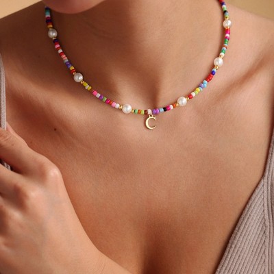 Turandoss Colorful Beaded Necklace for Women Girls, Dainty Gold Initial Pearl Bead Choker Necklace, Cute Birthday Gifts for Girls, 15+2.5Inches, A