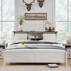 SinCiDo Farmhouse Bed Frame,w/Charging Station, Storage Bookcase Headboard,Sliding Barn Door,No Box Spring Needed, w/Wood Slats Support - 1 of 4