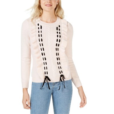 maison Jules Womens Ruffle Lace Pullover Sweater, Pink, Small