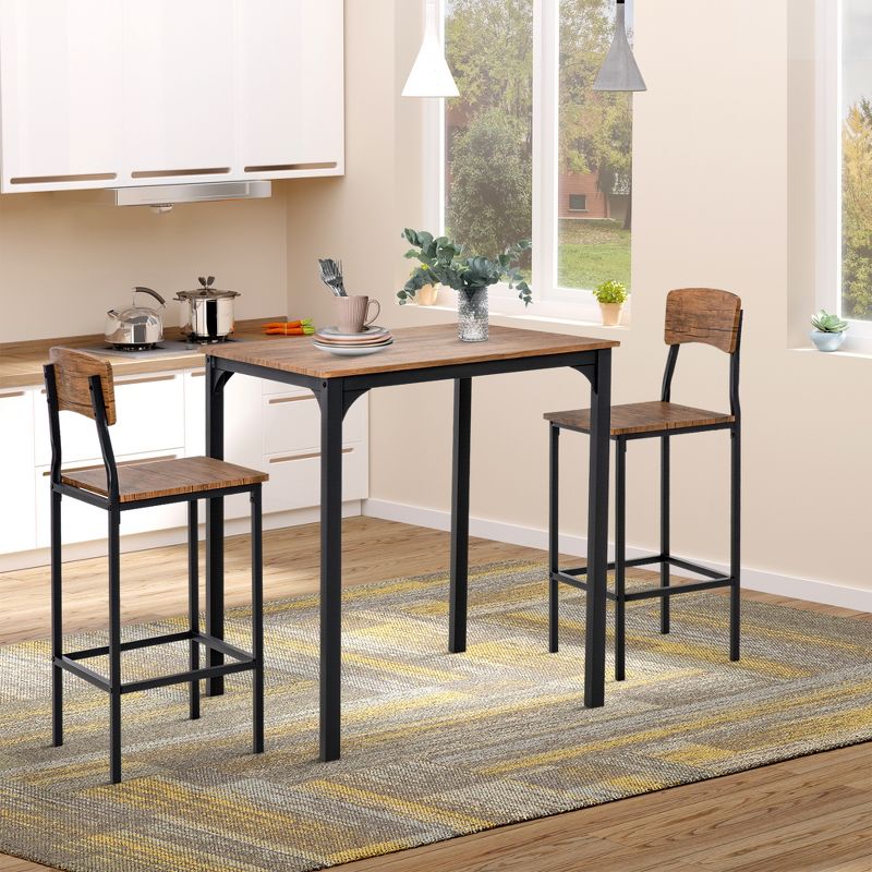 HOMCOM 3 Piece Industrial Counter Height Dining Table Set, Bar Table & Chairs with Steel Legs & Footrests, 3 of 9