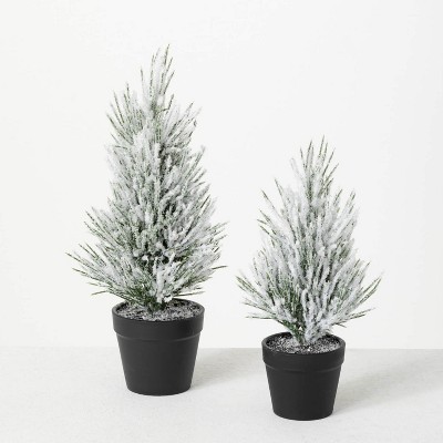 Sullivans 9" & 11" Artificial Flocked Pine Tree Set of 2, Green