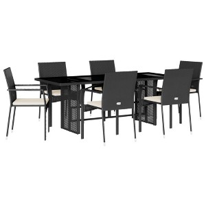 vidaXL 7 Piece Patio Dining Set with Cushions - Black Poly Rattan/Tempered Glass Table - Outdoor Garden Backyard Furniture - 1 of 4