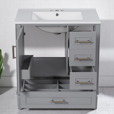 30" White Bathroom Vanity with Sink – Freestanding Vanity Cabinet with 3 Drawers,Floating Cabinet(Faucet Not Included)