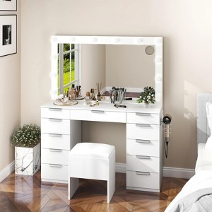 White 11 Drawers Vanity Desk Makeup Dressing Table Mirror LED Light with Stool - 1 of 4