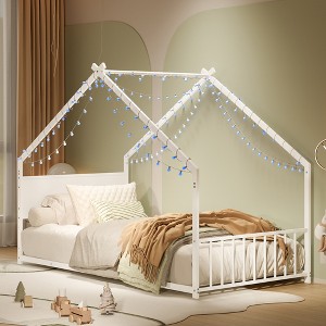 House Bed with Roof and Colorful Lights, Metal Bed Frame with Slats and Legs - 1 of 4