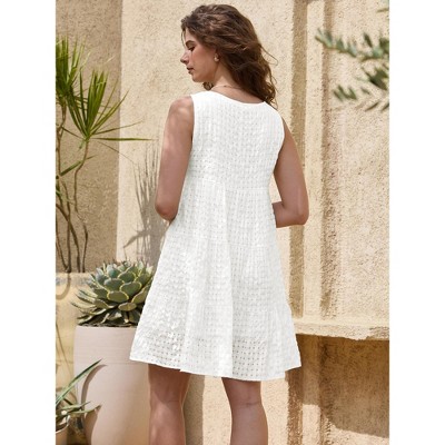Женские платья INSPIRE CHIC Women's Gingham Mesh Sleeveless Scoop Neck Lined Swing Tiered A-Line Mini Dresses Large White — фото 3
