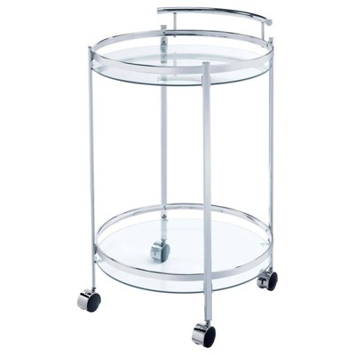 Modern Glam Silver Chrome Round Bar Cart with Tempered Glass Shelves
