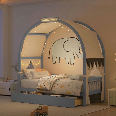 Twin Size Bed Frame With Arched Roof And Light Strip,Bed Frame Wood With Playful Tent,Pinewood Ground-Level Canopy Bed -Maison Boucle