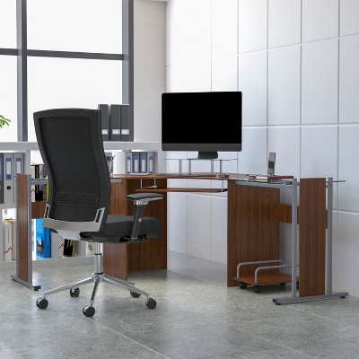 Maple and Glass Corner Desk with Keyboard Tray and CPU Cart