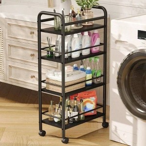 Slim Storage Cart 4 Tier Metal and Wood Rolling Bathroom Cart Black Narrow Kitchen Laundry Room Utility Cart on Wheels - 1 of 4