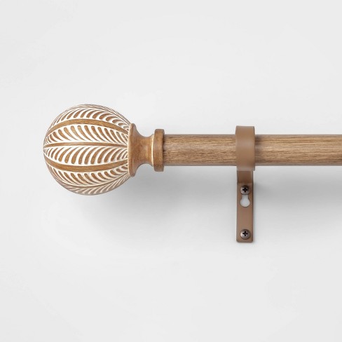 Carved Light Woodtone Ball Curtain Rod, Wood Curtain Rods