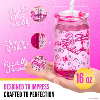 Barbie Pink and Magenta Glass Tumblers with Lids and Straws, Set of 2