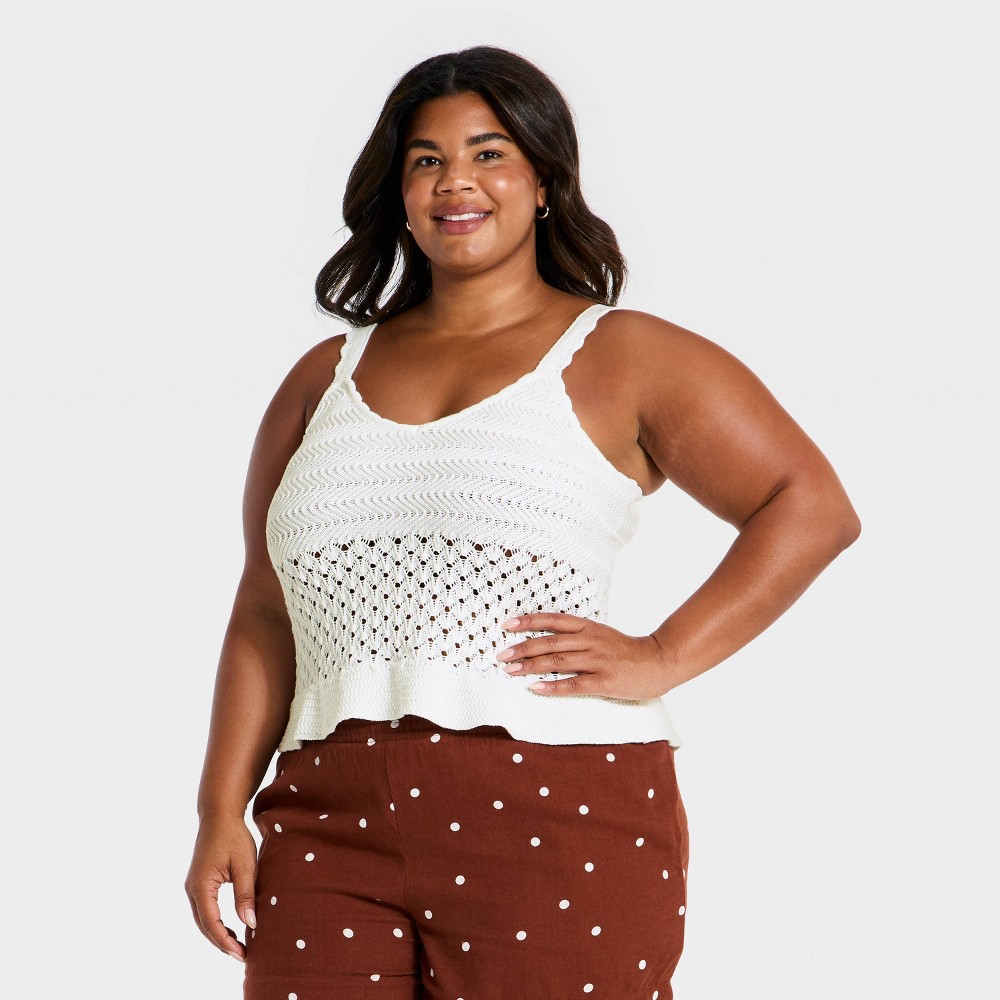 Women's Openwork Scalloped Trim Sweater Tank Top - A New Day™ White 3X