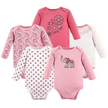 Hudson Baby Infant Girl Cotton Long-Sleeve Bodysuits 5pk, Boho Elephant