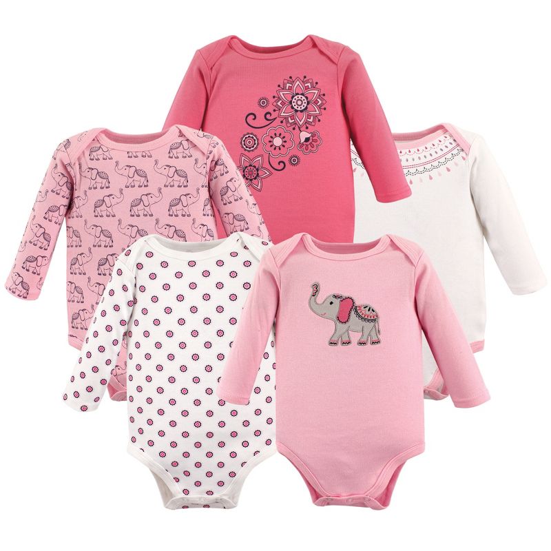 Hudson Baby Infant Girl Cotton Long-Sleeve Bodysuits 5pk, Boho Elephant, 1 of 3