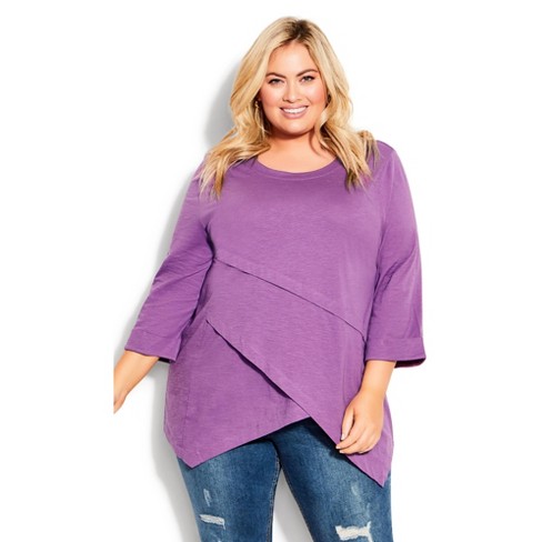 Avenue | Women's Size Asymmetrical Slub Plain Tunic - Deep Lilac 30w :