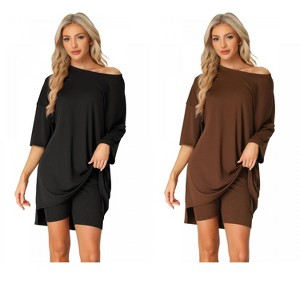 INSPIRE CHIC Women's 2 Pcs Knit Loungewear 3/4 Sleeve T-Shirt with Bike Shorts Pajama Set - 1 of 4