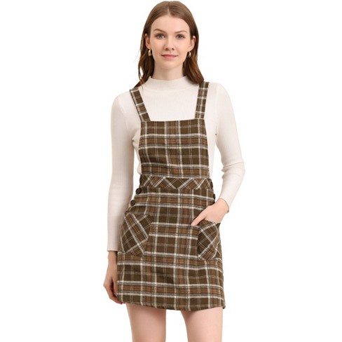 Allegra K Women's Plaid Tartan Button Decor A-Line Pinafore