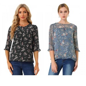Allegra K Women's Round Neck Ruffle 3/4 Sleeve Floral Print Chiffon Blouse 2 Pcs - 1 of 4