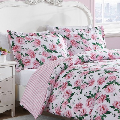 Twin Pink Cotton Floral Duvet Cover Set with Sham