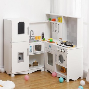 Corner Wooden Kitchen Playset for Kids w/ 12-in-1 Appliances: Stove, Oven, Sink, Microwave, Washer + Blackboard & Storage - Kids Gift - 1 of 4