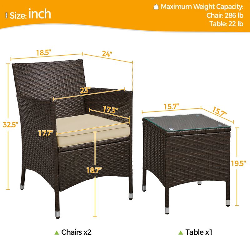 Yaheetech Wicker Rattan Coffee Table and Two Chairs Patio Conversation Set, 3 of 7