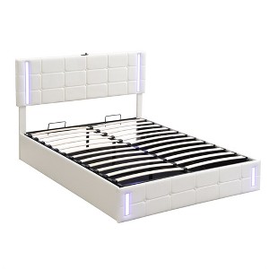 Upholstered Platform Bed, Full/Queen Size LED Platform Bed Frame With USB Charging Station, Modern Stylish Bed Frame - 1 of 4