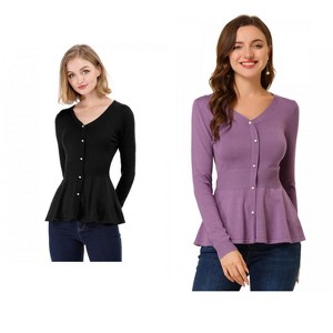 Allegra K Women's Slim Fit V-Neck Long Sleeve Ribbed Knitted Peplum Top 2 Packs - 1 of 4