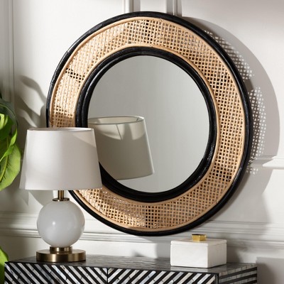 bali & pari Tacita Modern Bohemian Two-Tone Black and Natural Brown Rattan Accent Wall Mirror