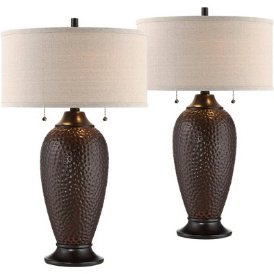 360 Lighting Farmhouse Industrial Table Lamps Set of 2 with WiFi Smart Sockets Hammered Bronze Oatmeal Drum Shade for Living Room