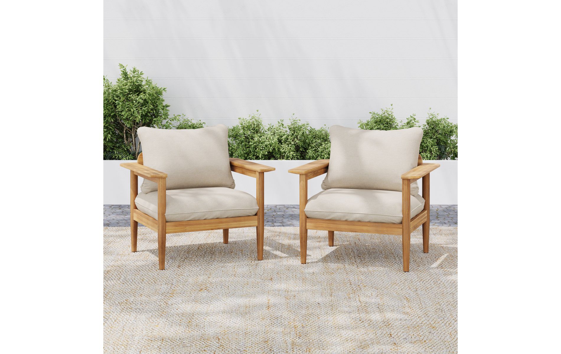Set of 2 Acacia Wood Outdoor Lounge Chair with Cushions, Modern Wide Armrest Patio Chair for Garden-3irtyhousy