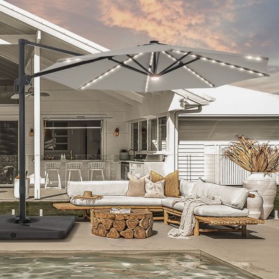 Sonkuki 11FT Round Offset Outdoor Solar LED Patio Aluminum Cantilever Umbrella w/ Base Included & Infinite Canopy Angle Adjustment
