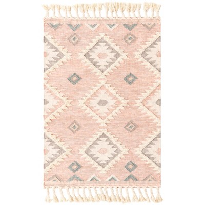 Handmade Pink Wool Geometric Flat Woven Area Rug 4x6