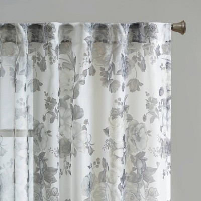 White Floral Sheer Rod Pocket Back Tab Curtain Panel