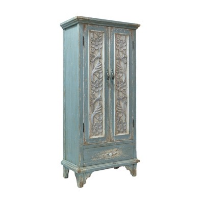Vintage Distressed Blue & White Floral Carved Two-Door Wardrobe ¡ª Rustic Elegant Storage for Bedroom Living Entryway