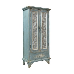 Vintage Distressed Blue & White Floral Carved Two-Door Wardrobe ¡ª Rustic Elegant Storage for Bedroom Living Entryway - 1 of 4