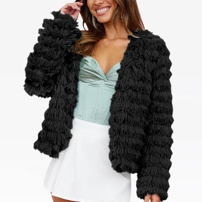 Womens Cropped Faux Fur Jackets Fall Open Front Cardigan Faux Fur Shaggy Jacket Vintage Fuzzy Jackets Winter Warm Coat Tops